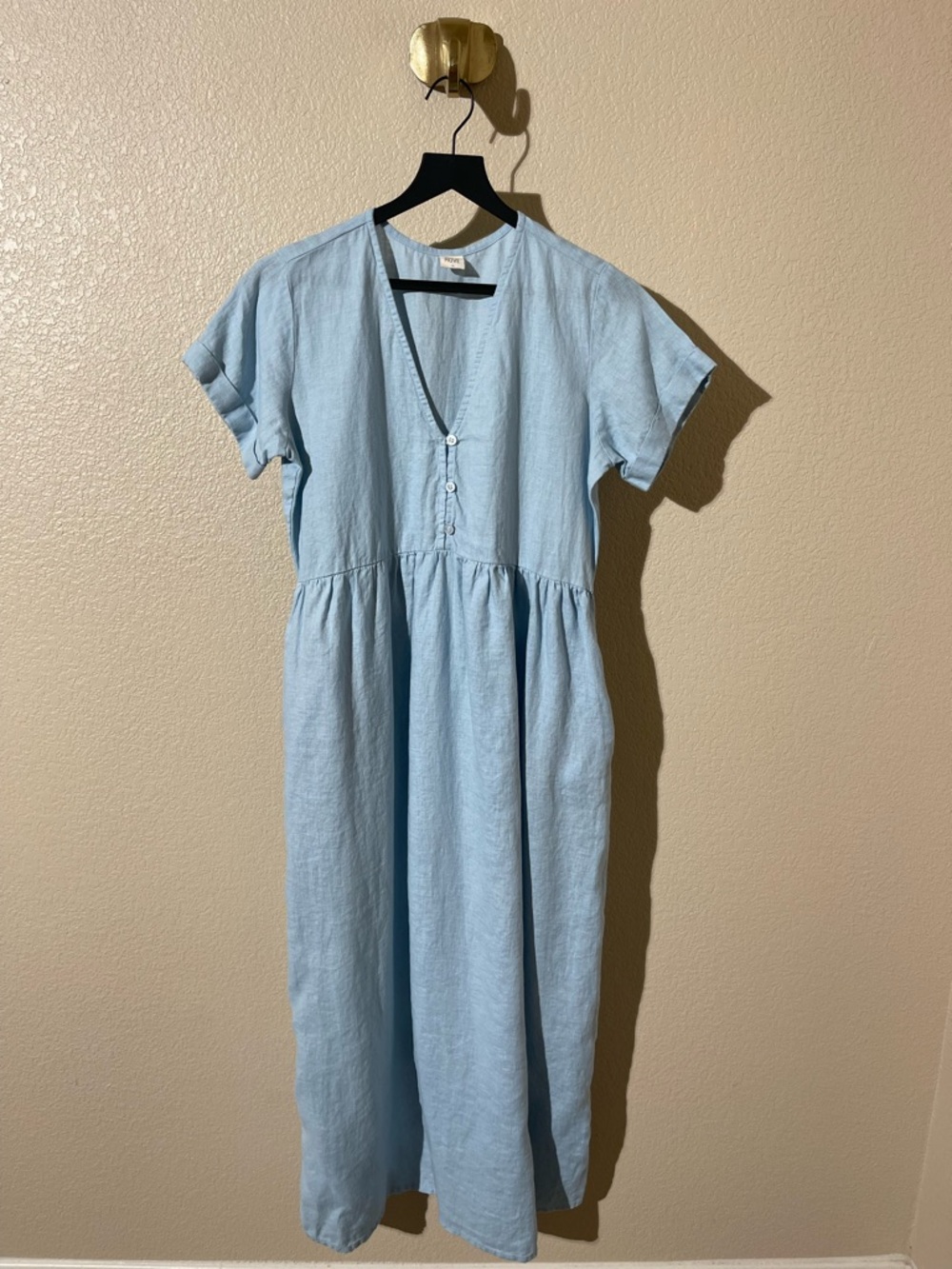 ROVE Light Blue Midi V-Neck Button-Front Dress